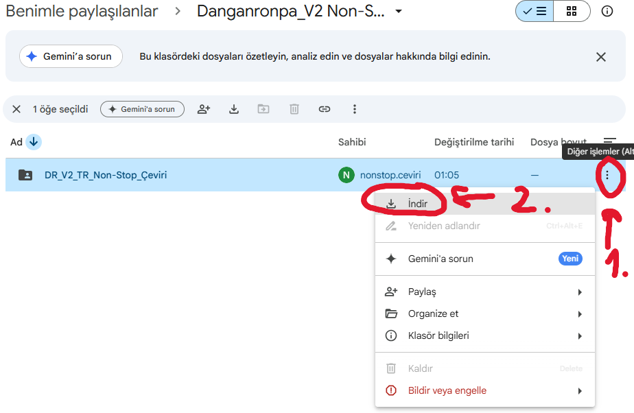 Google Drive'da yama klasörünün üç nokta menüsündeki İndir seçeneği