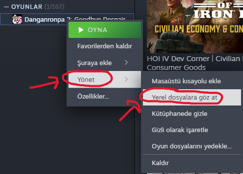 Steam'de Danganronpa 2 için Yönet ve Yerel dosyalara göz at seçenekleri
